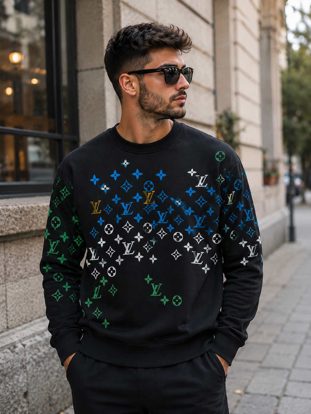 Louis Vuitton – Bluză bărbați neagră, logo multicolor imprimat în material
