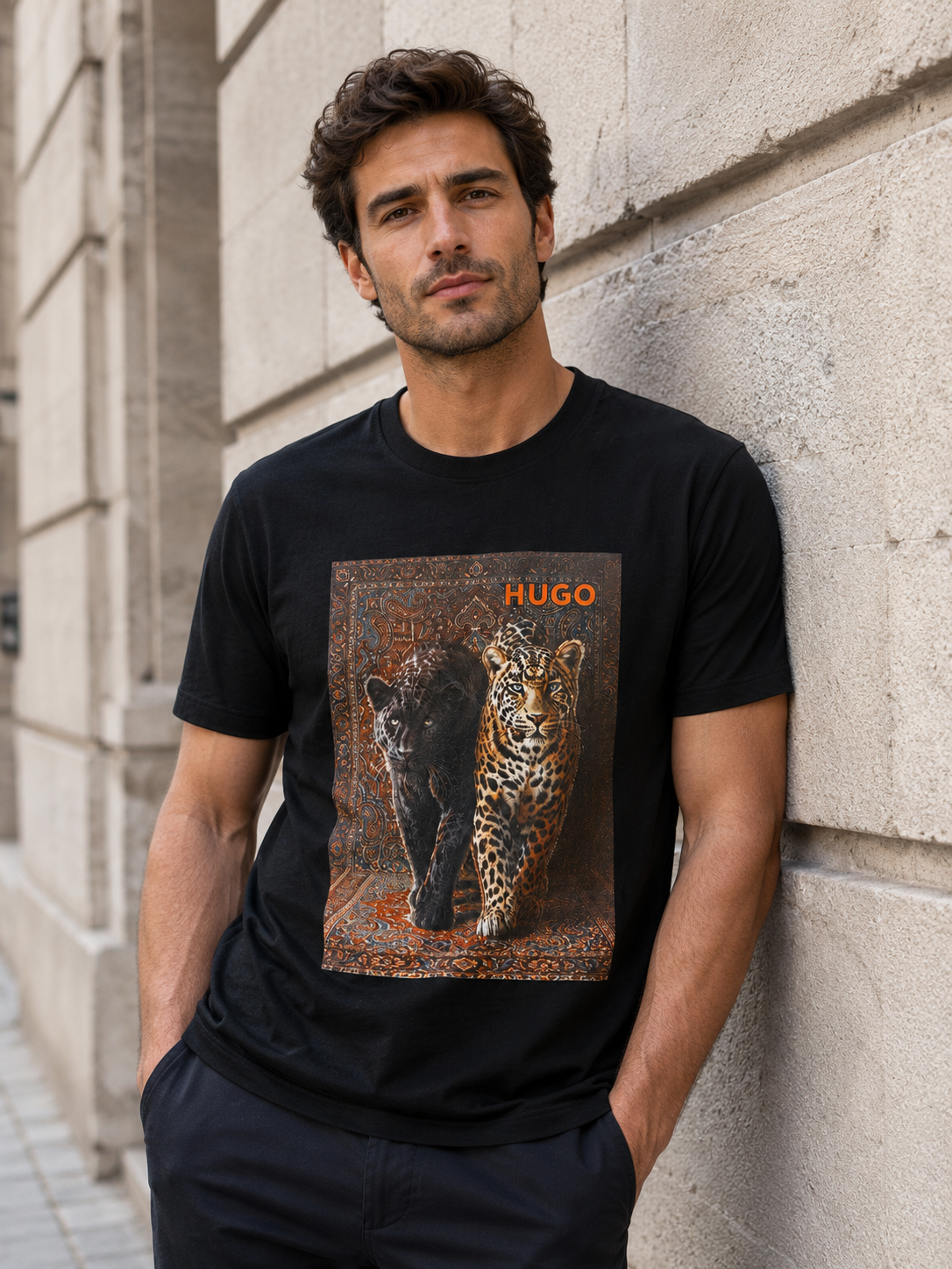 HUGO – Tricou Bărbați Negru cu Imprimeu Leopard