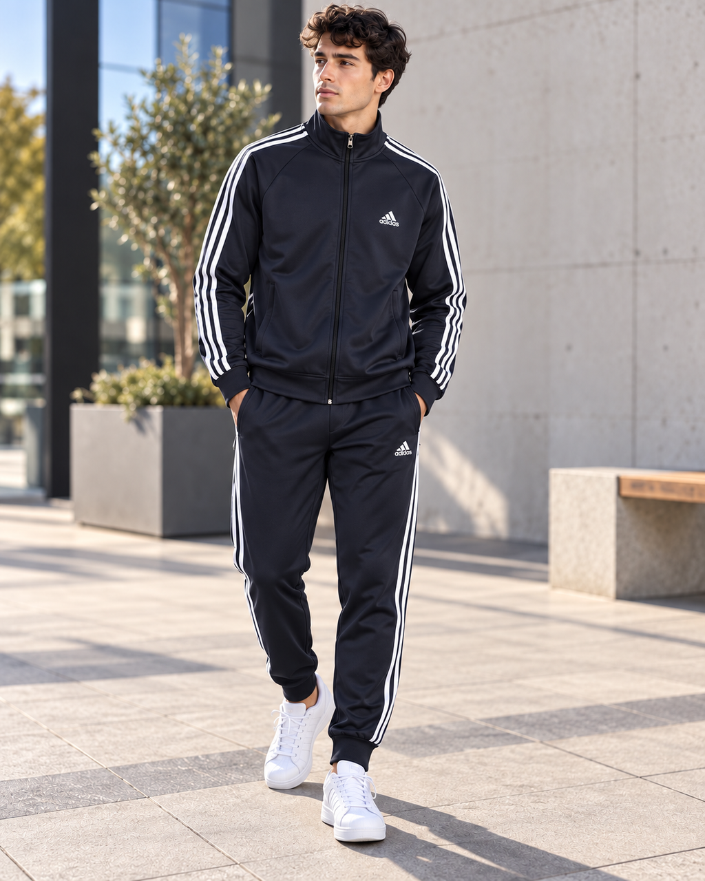 A-Adidas Trening Bărbați – Logo Cusut, Negru cu Tentă Albastră