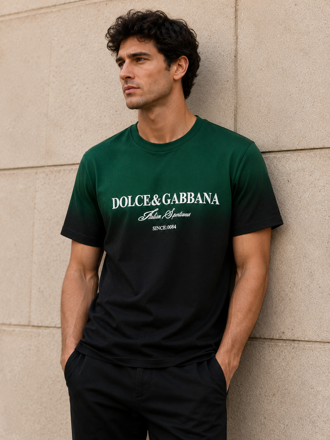 Dolce & Gabbana Tricou Bărbați Verde/ Negru Degrade 100% Bumbac Premium