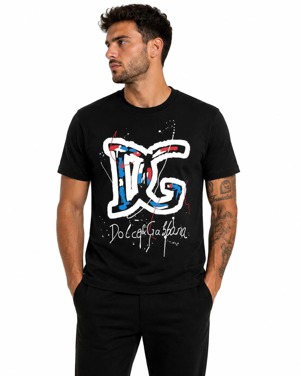 Dolce & Gabbana – Tricou bărbătesc negru DG logo artistic, bumbac