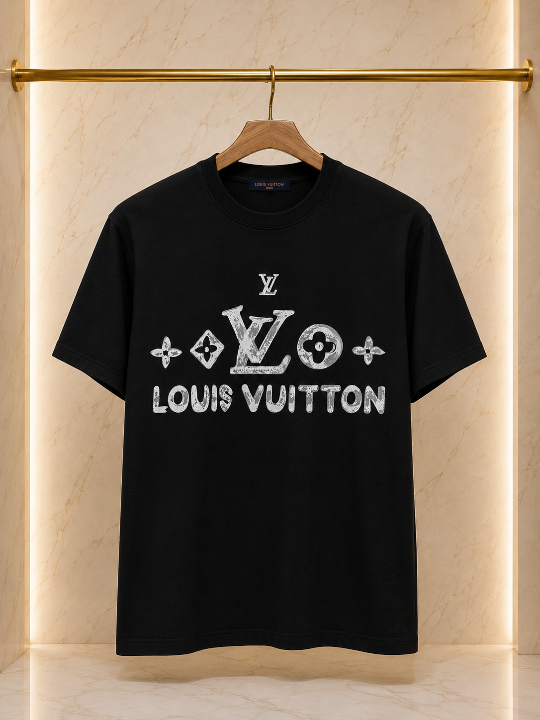 08-Louis Vuitton – Tricou Negru Bumbac Premium cu Logo Imprimat în Material