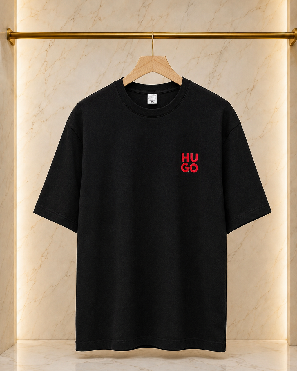 HUGO – Tricou Negru Bumbac cu Logo Roșu Aplicat