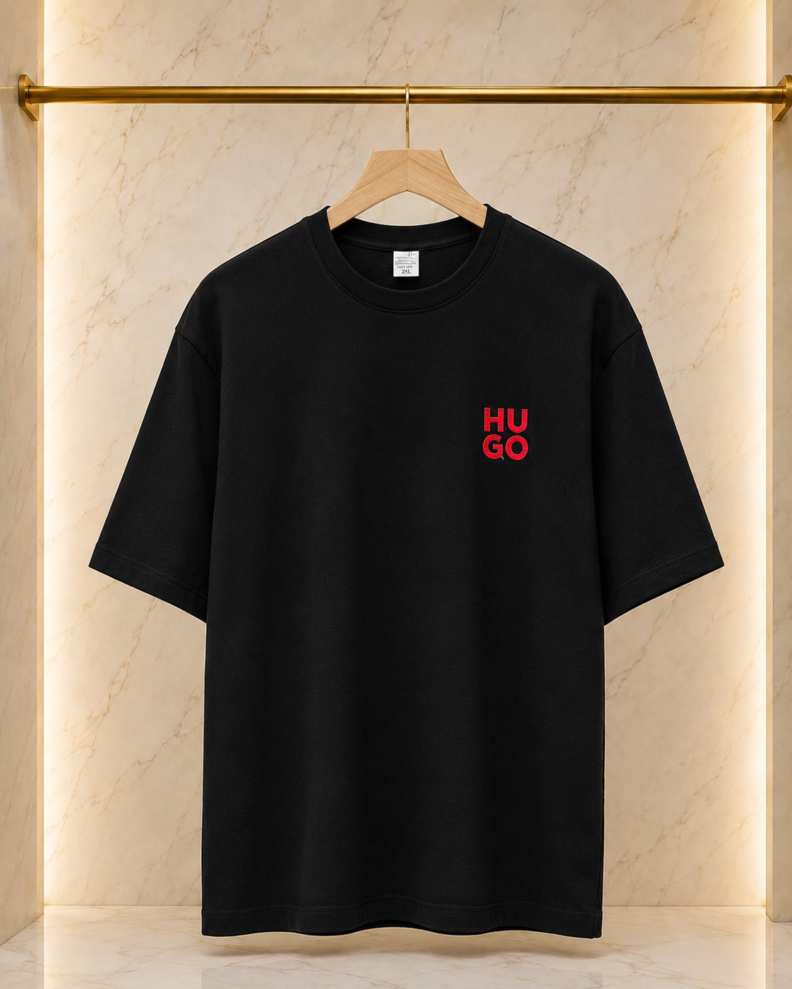HUGO – Tricou Negru Bumbac cu Logo Roșu Aplicat