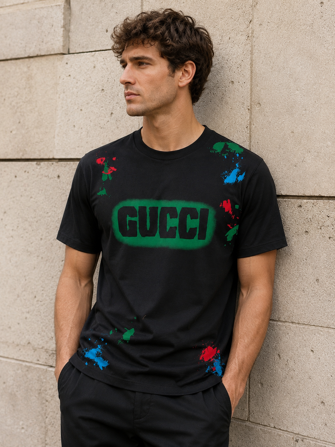 Gucci Tricou Bărbați Negru 100% Bumbac Premium