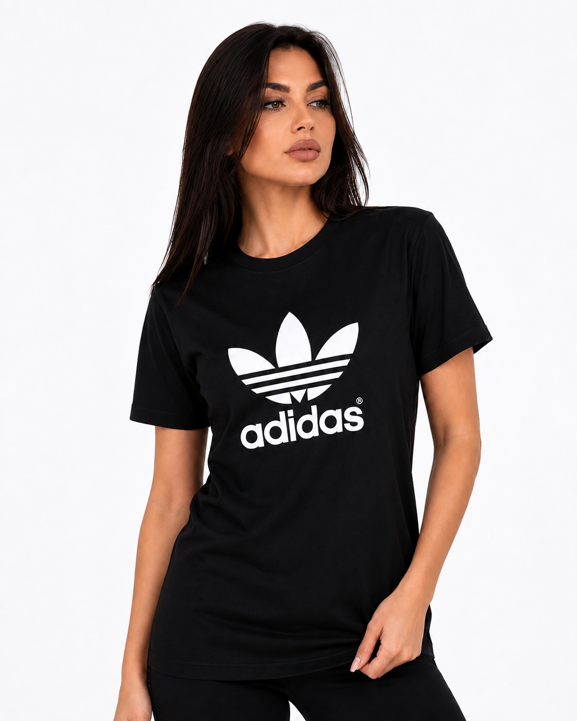 Woman’s Adidas tricou negru cu logo alb