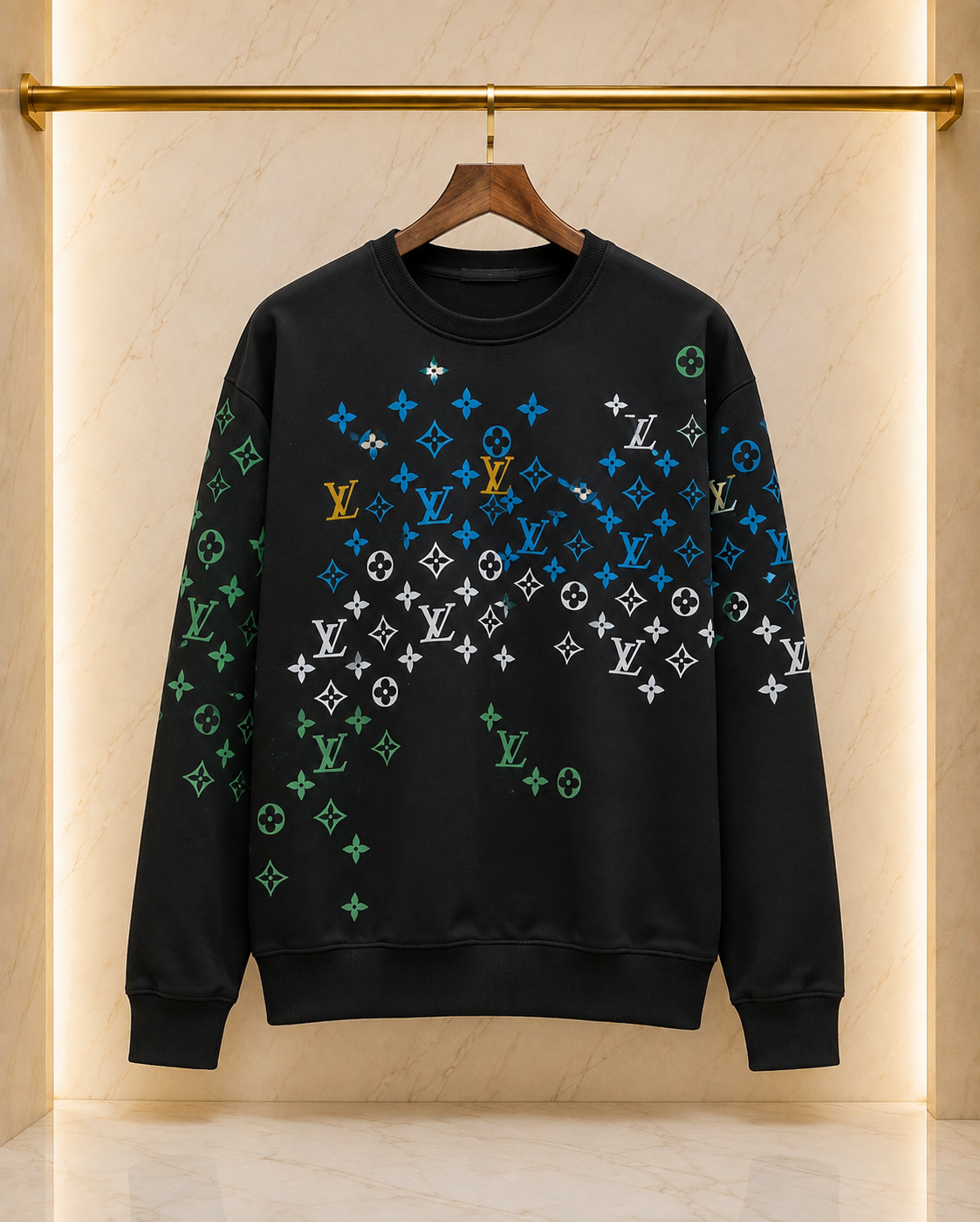 Louis Vuitton – Bluză bărbați neagră, logo multicolor imprimat în material