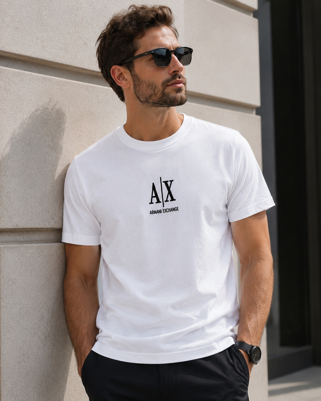 05-Armani Exchange Tricou alb cu logo brodat Bumbac Premium