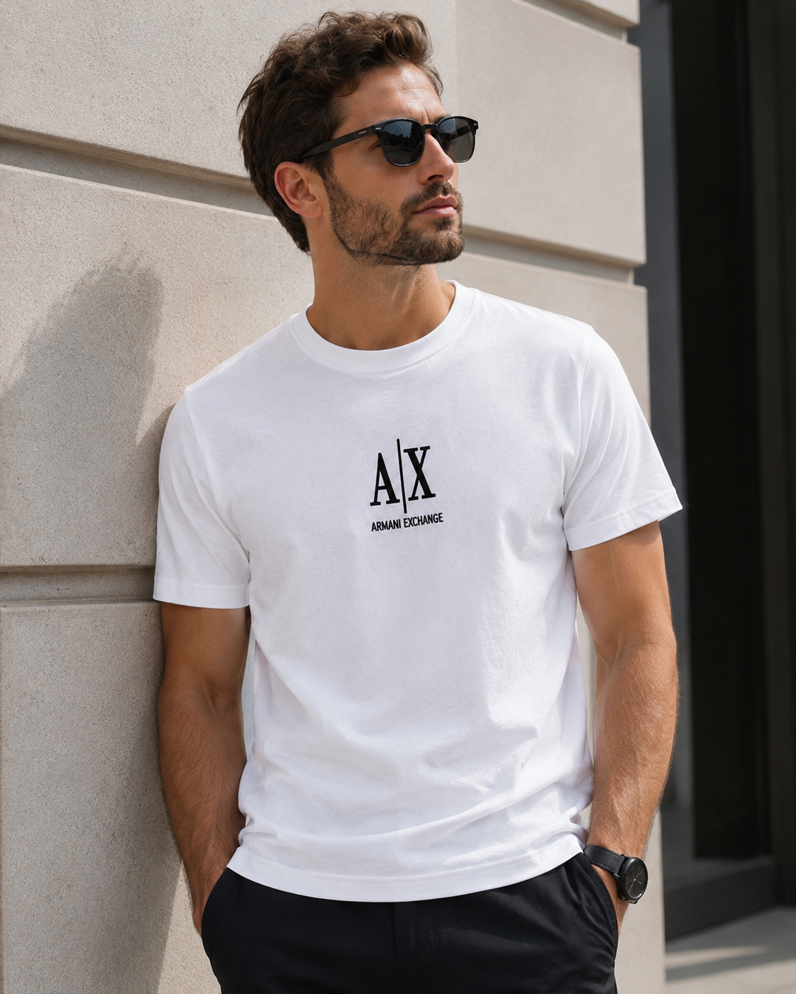 05-Armani Exchange Tricou alb cu logo brodat Bumbac Premium