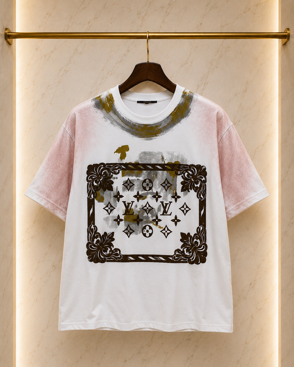01-Louis Vuitton – Tricou Bumbac Premium cu Imprimeu Monogram și Accente Aurii