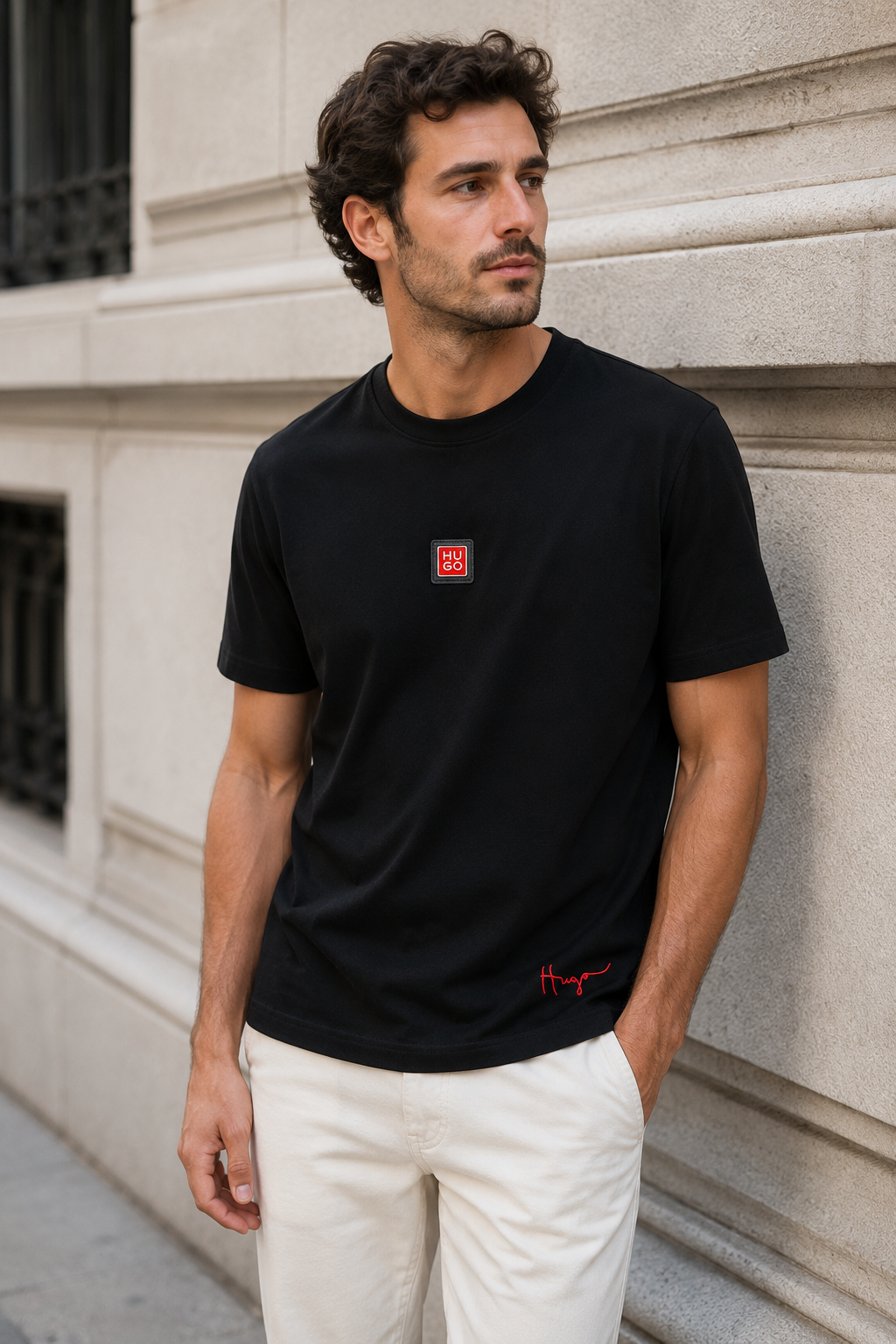 Tricou HUGO Negru Bărbați – Logo Aplicat și Detaliu Brodat