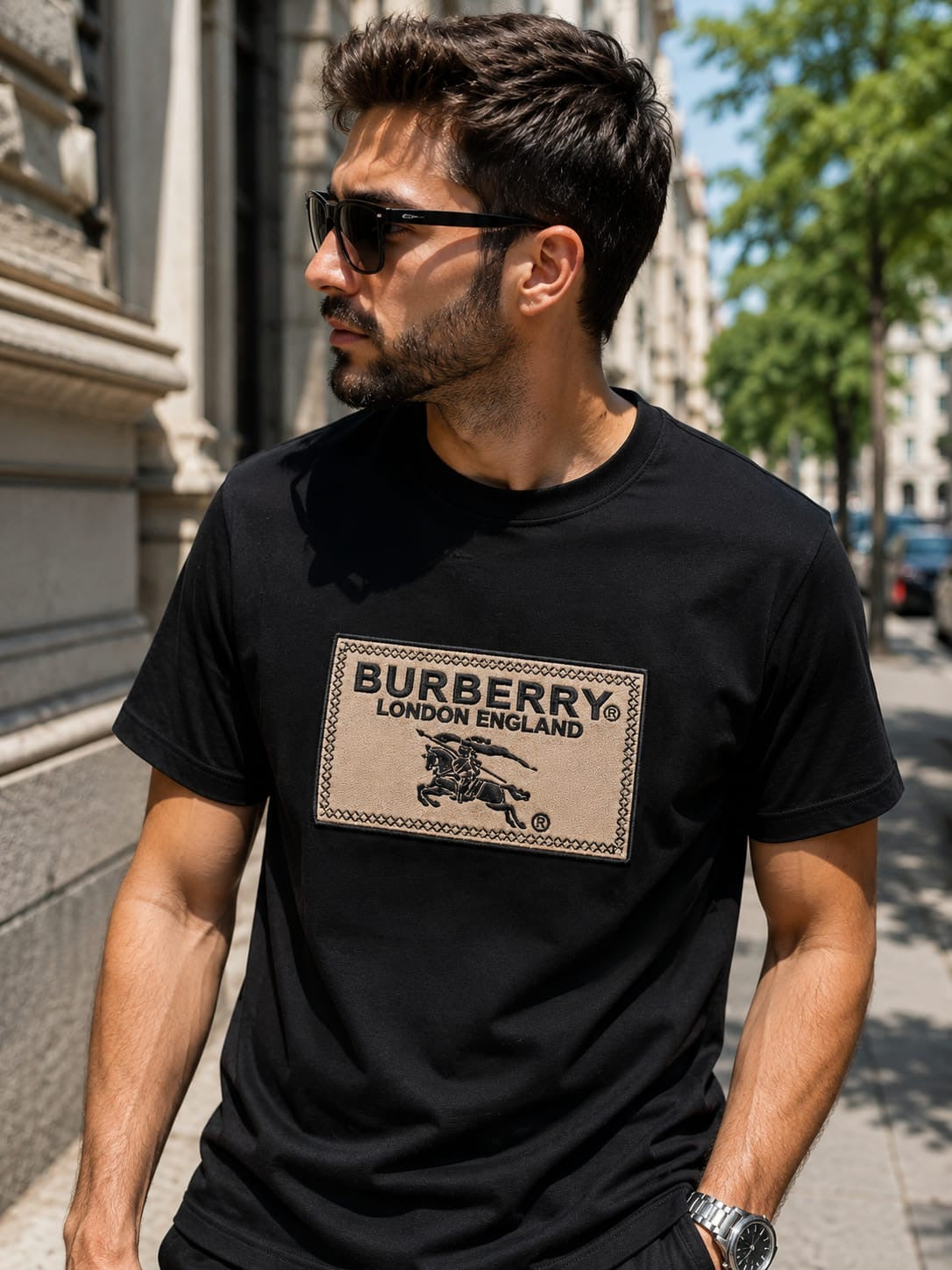 Burberry Tricou Negru cu Logo Brodat