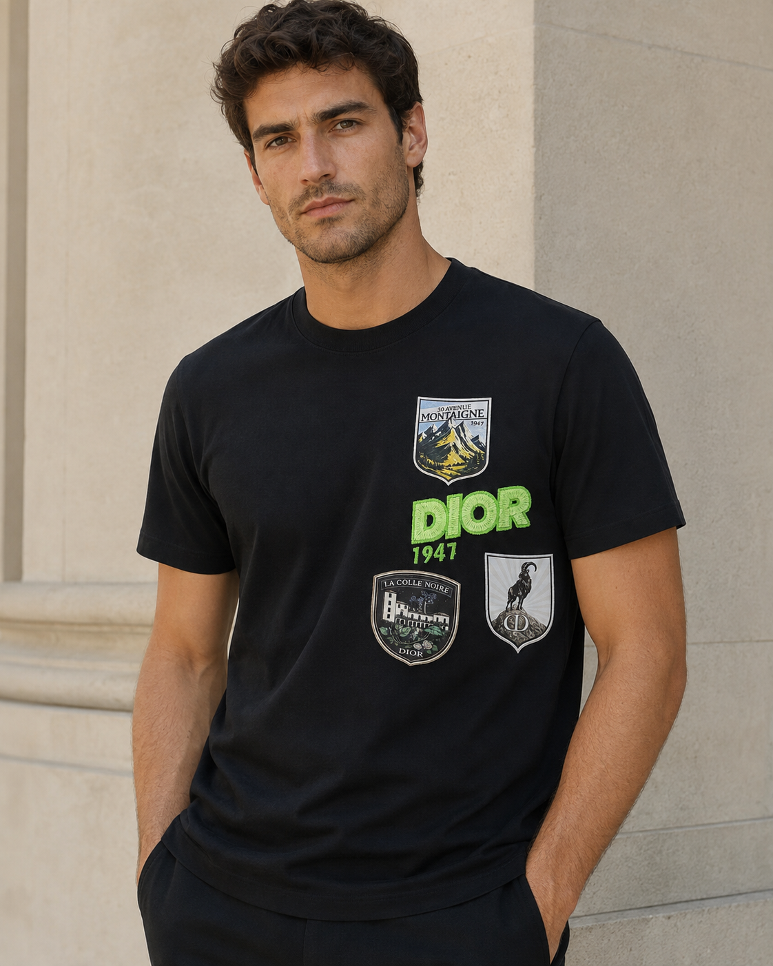 Dior Tricou Premium din Bumbac – Logo DIOR 1947 Brodat și Patch-uri