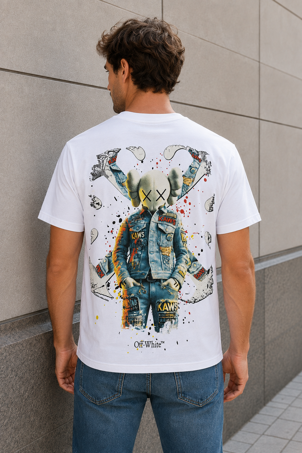 A-Off-White Tricou Bărbați Alb cu Imprimeu KAWS