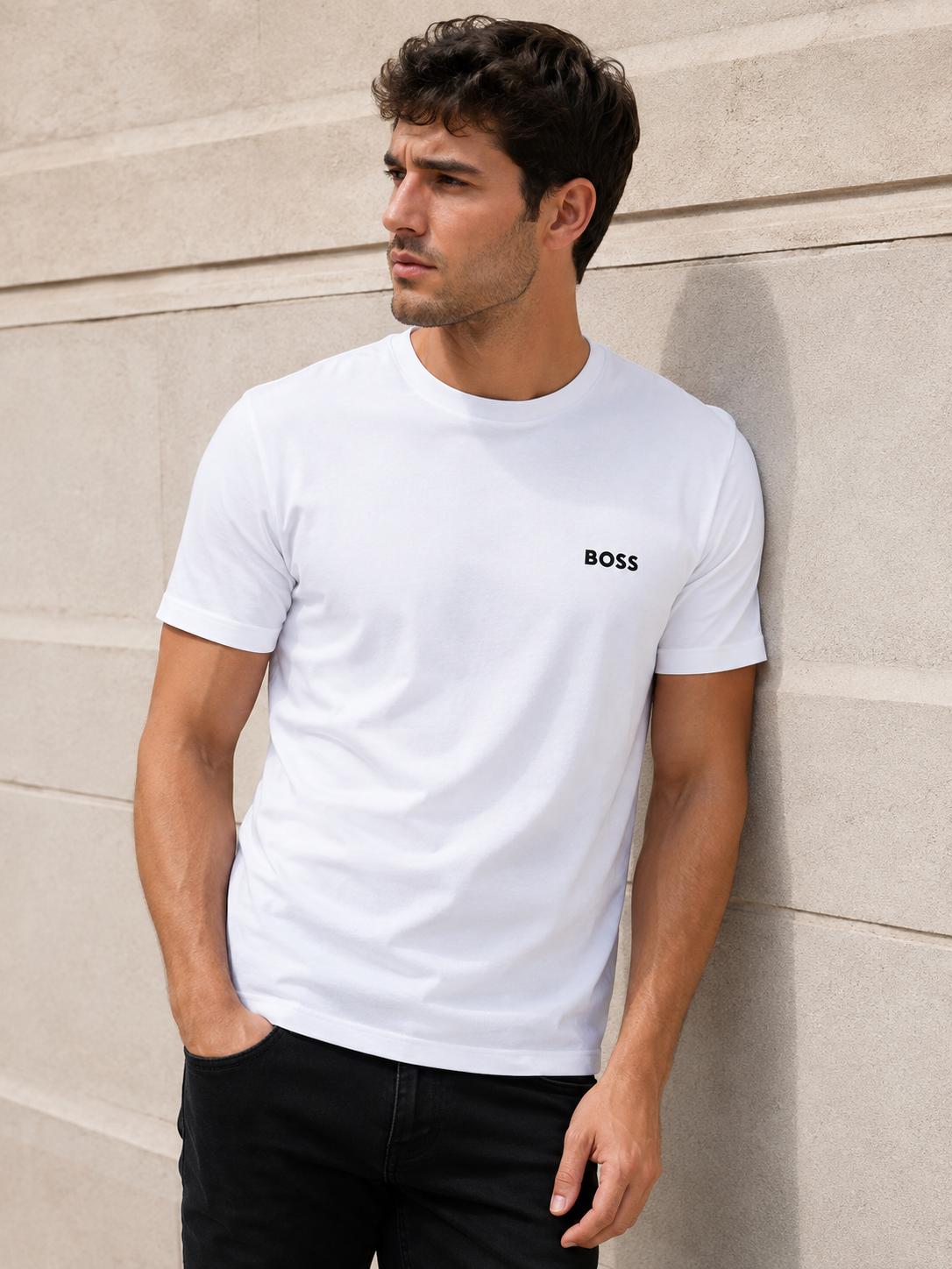 BOSS – Tricou premium alb bărbați cu logo negru
