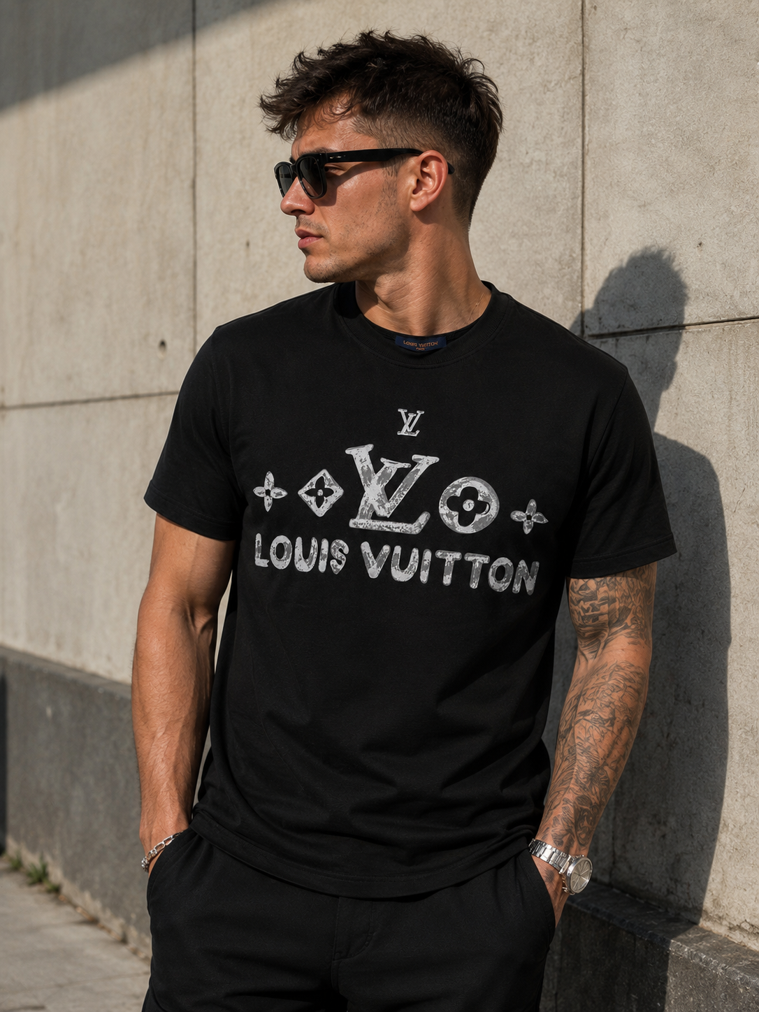08-Louis Vuitton – Tricou Negru Bumbac Premium cu Logo Imprimat în Material