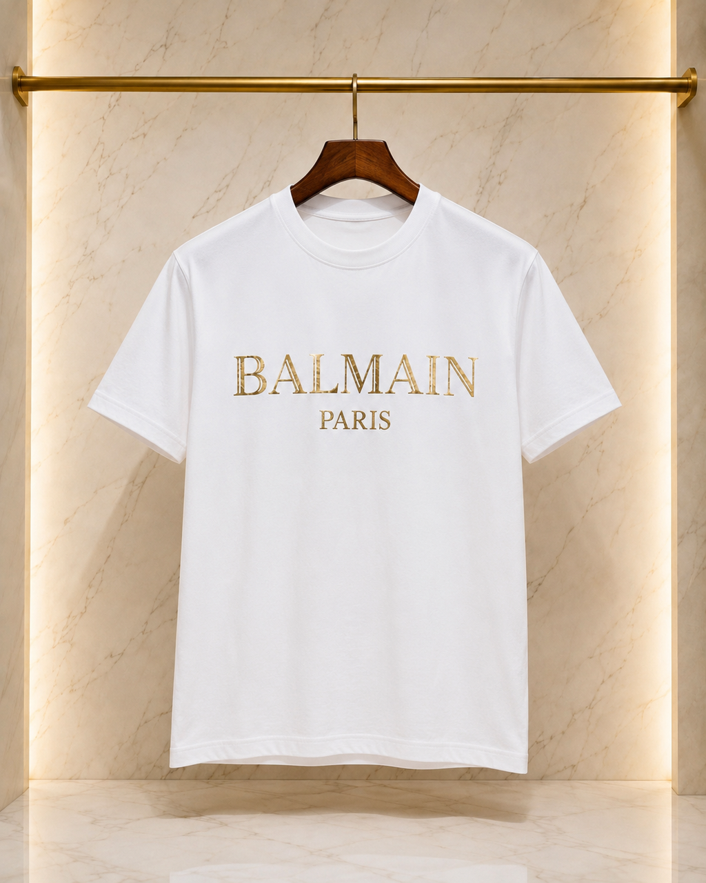 BALMAIN Paris – Tricou Alb din Bumbac cu Logo Auriu
