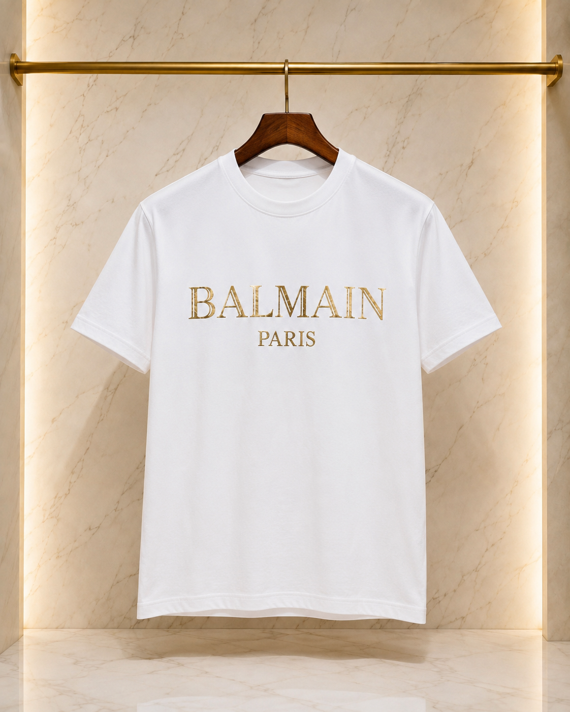 BALMAIN Paris – Tricou Alb din Bumbac cu Logo Auriu