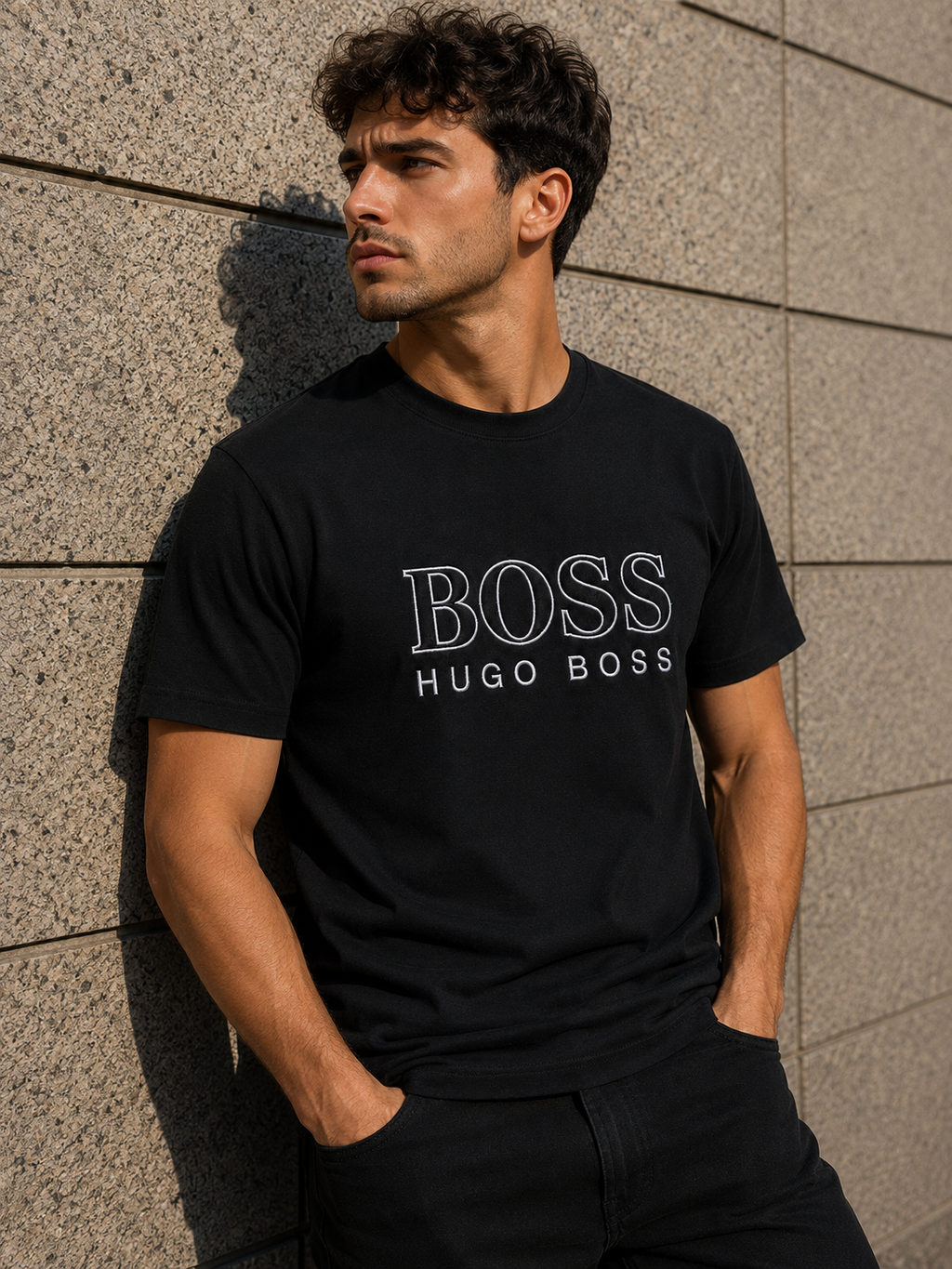 Hugo Boss – Tricou bărbătesc negru cu logo brodat