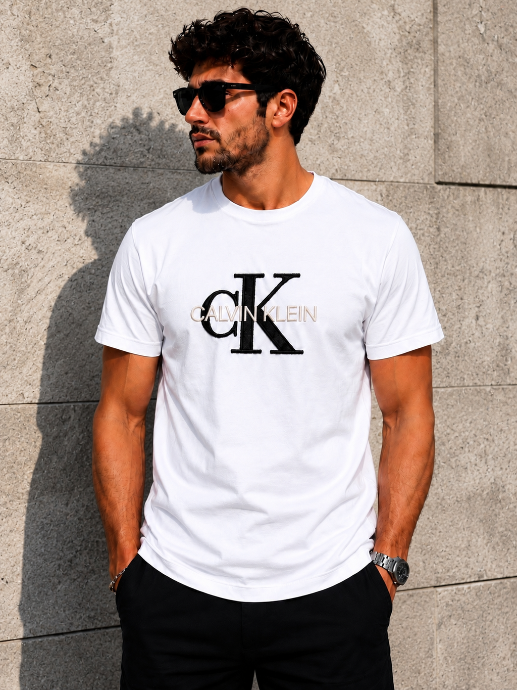 Calvin Klein – Tricou bărbătesc alb CK logo brodat, bumbac