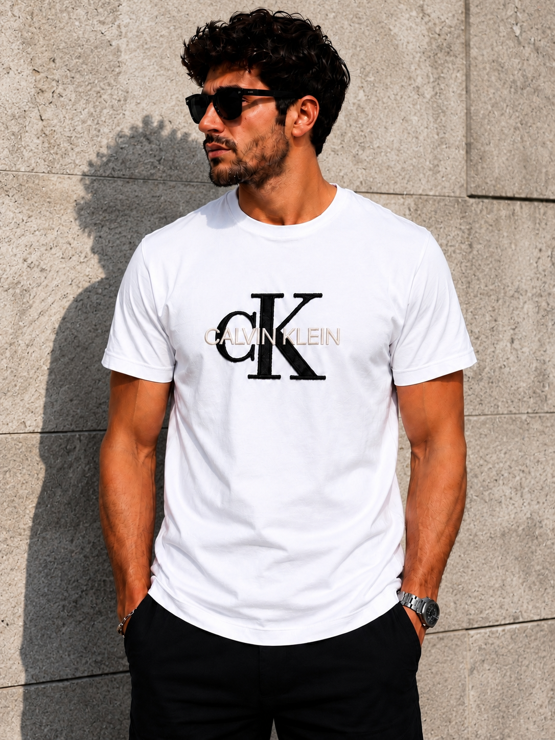 Calvin Klein – Tricou bărbătesc alb CK logo brodat, bumbac