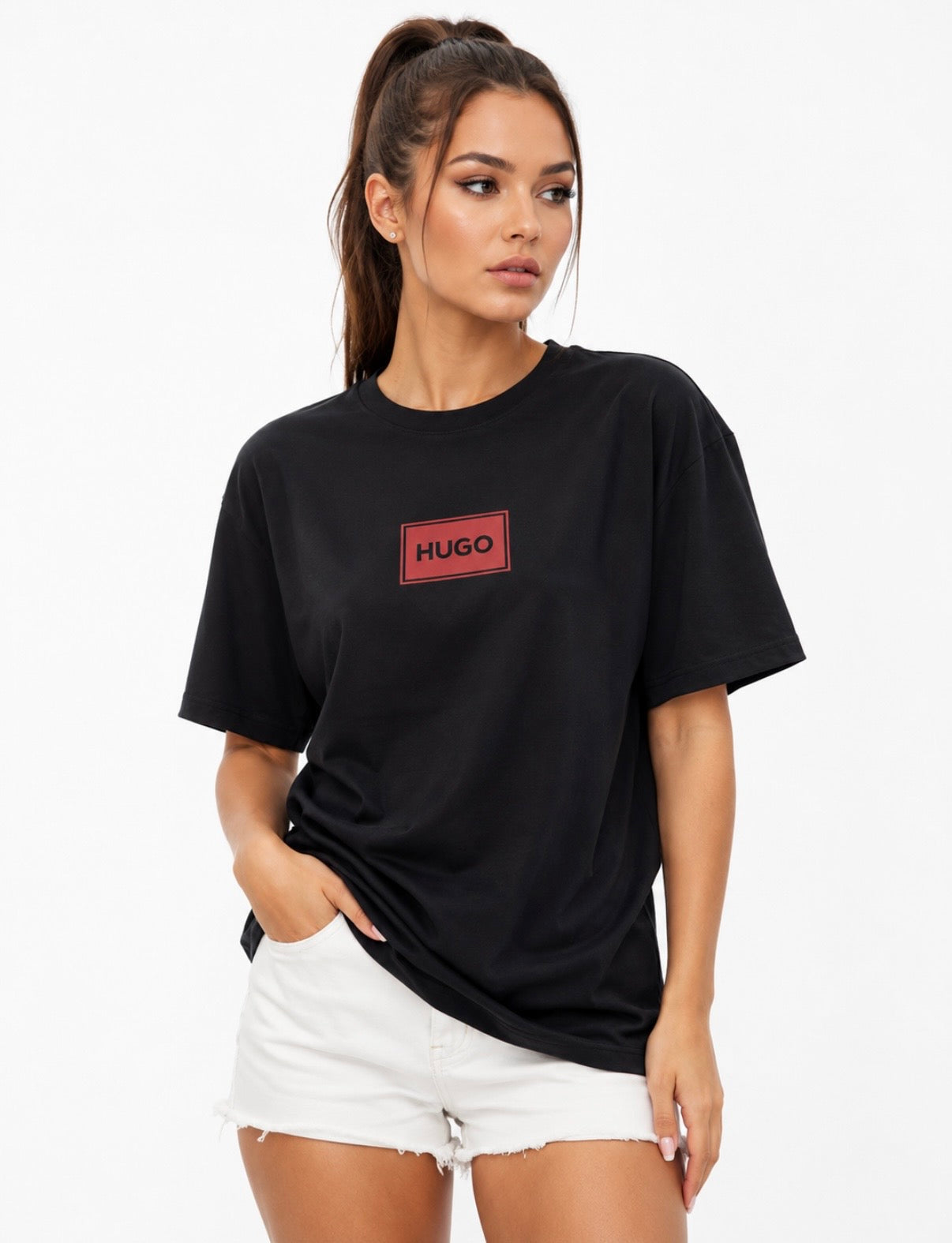 HUGO Tricou Negru Logo Roșu