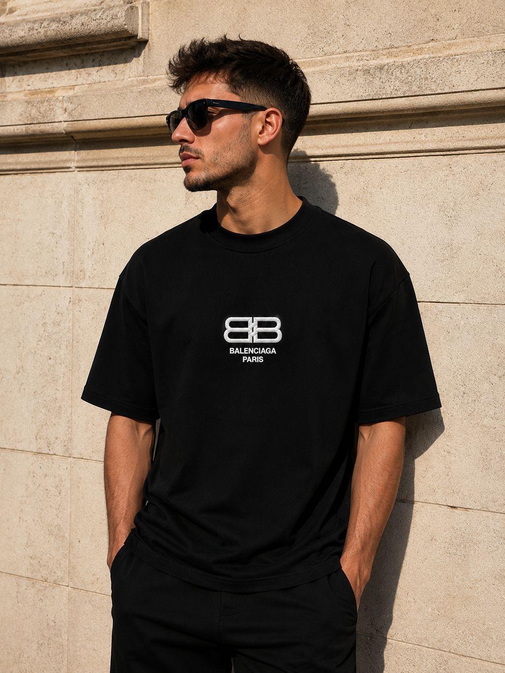 Balenciaga Tricou Bărbați Negru – Logo Brodat – Bumbac