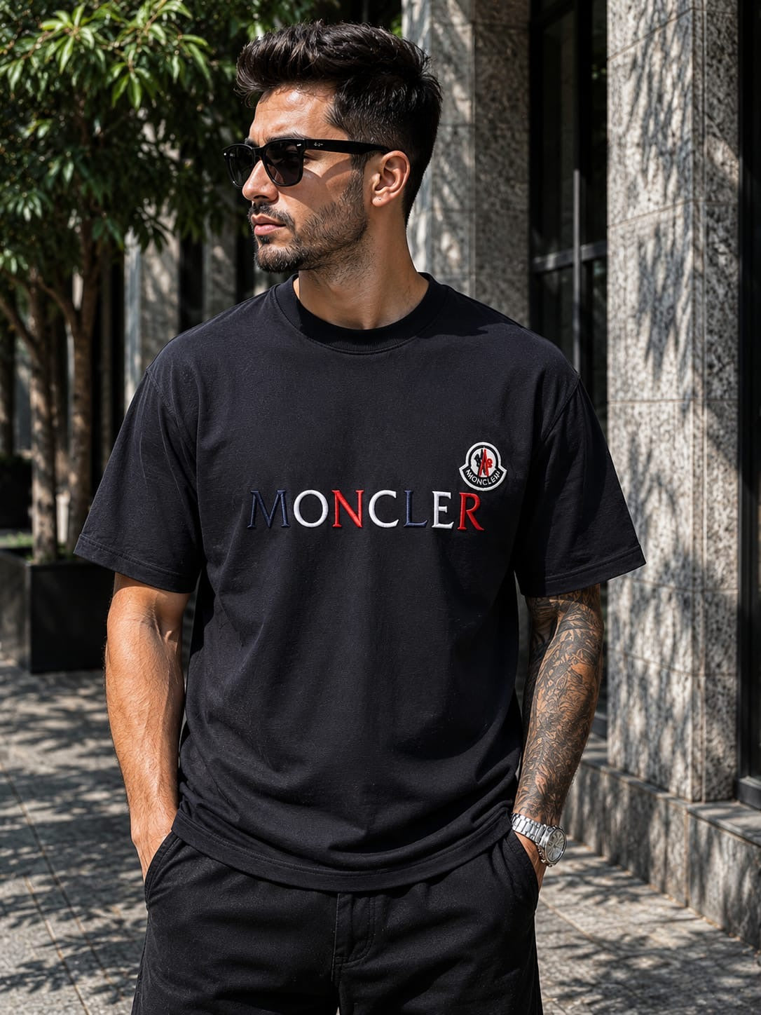 Moncler – Tricou negru cu logo brodat
