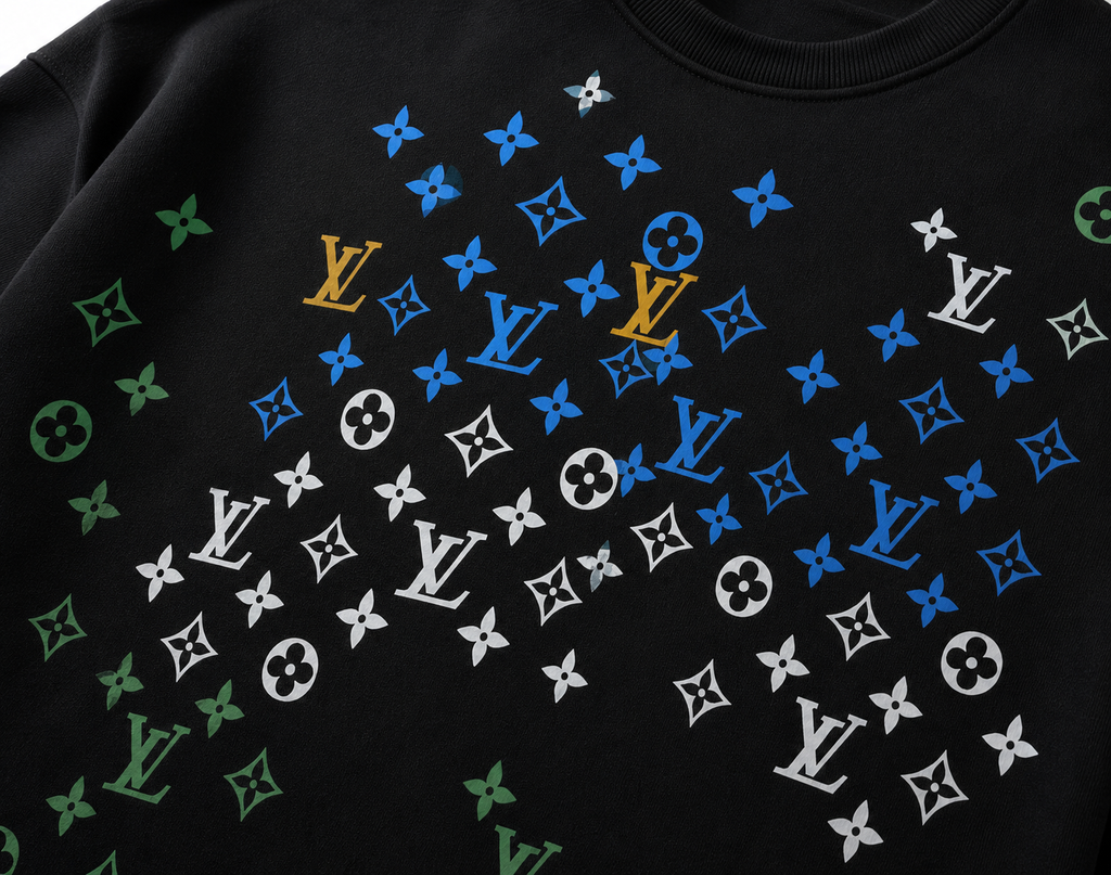 Louis Vuitton – Bluză bărbați neagră, logo multicolor imprimat în material