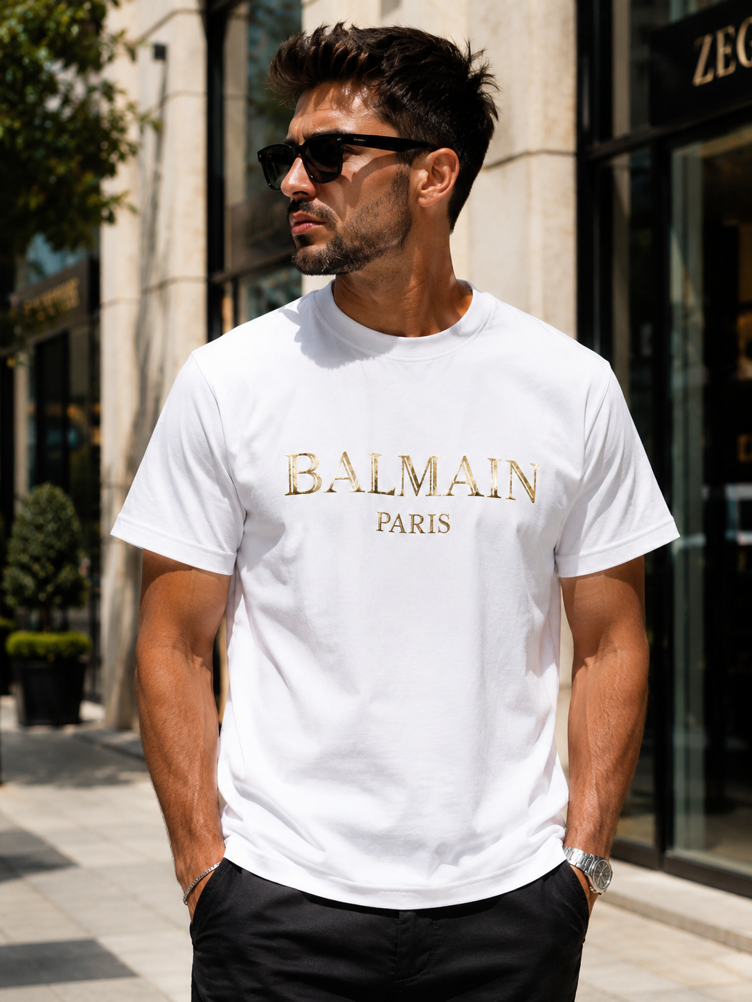 BALMAIN Paris – Tricou Alb din Bumbac cu Logo Auriu