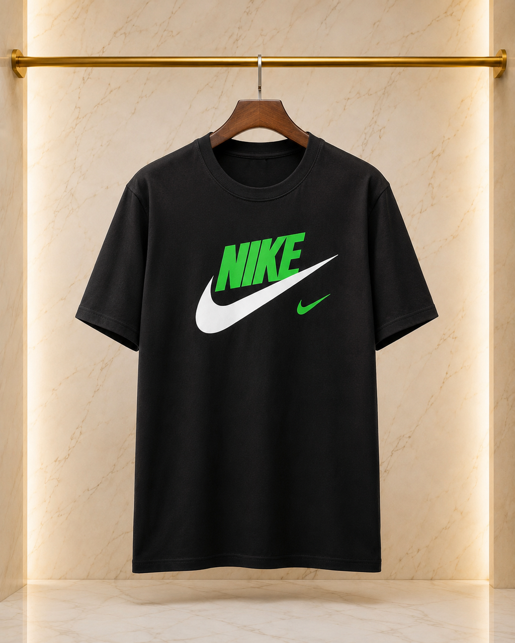 Nike Tricou Negru din Bumbac gros cu Logo Verde-Alb