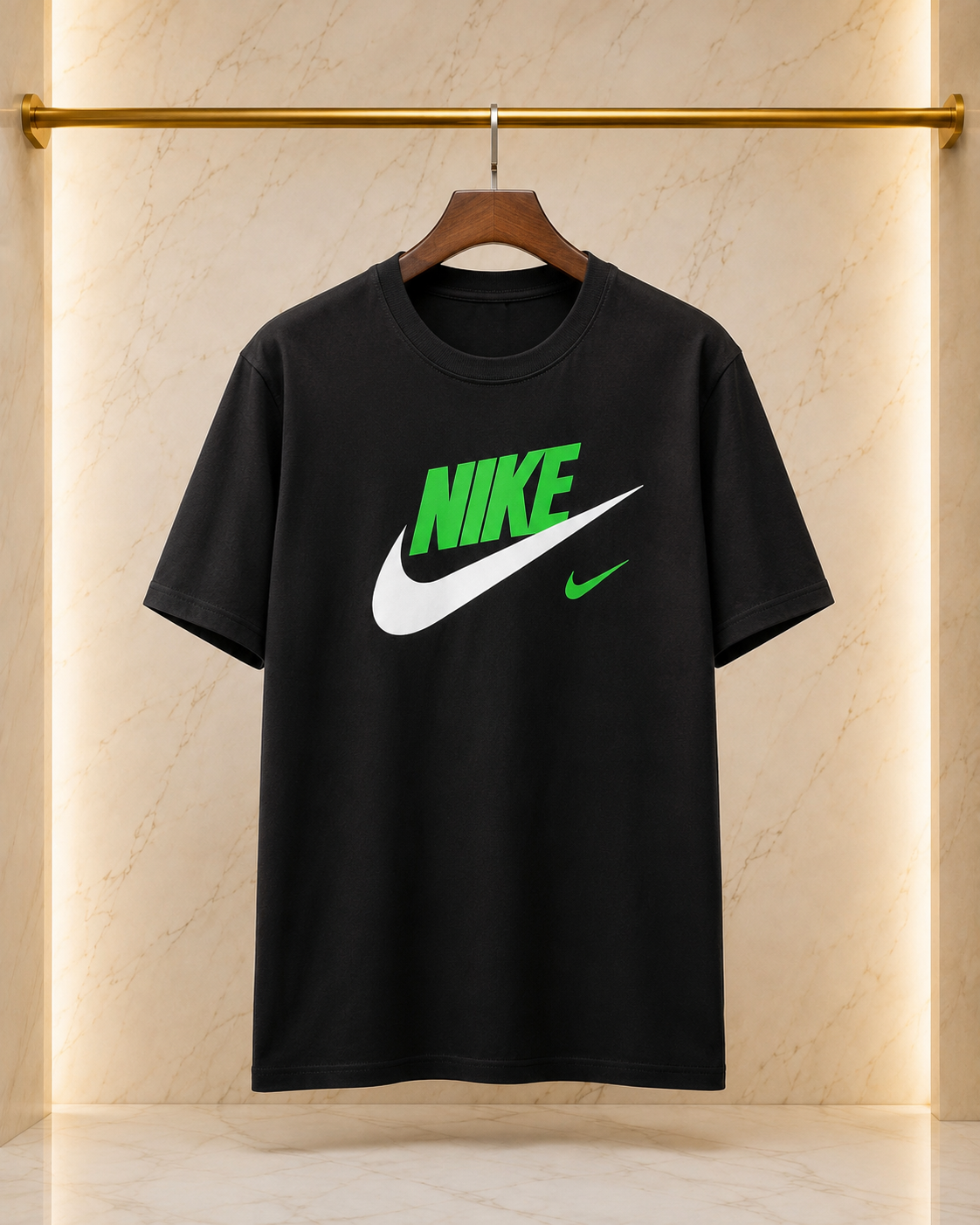 Nike Tricou Negru din Bumbac gros cu Logo Verde-Alb