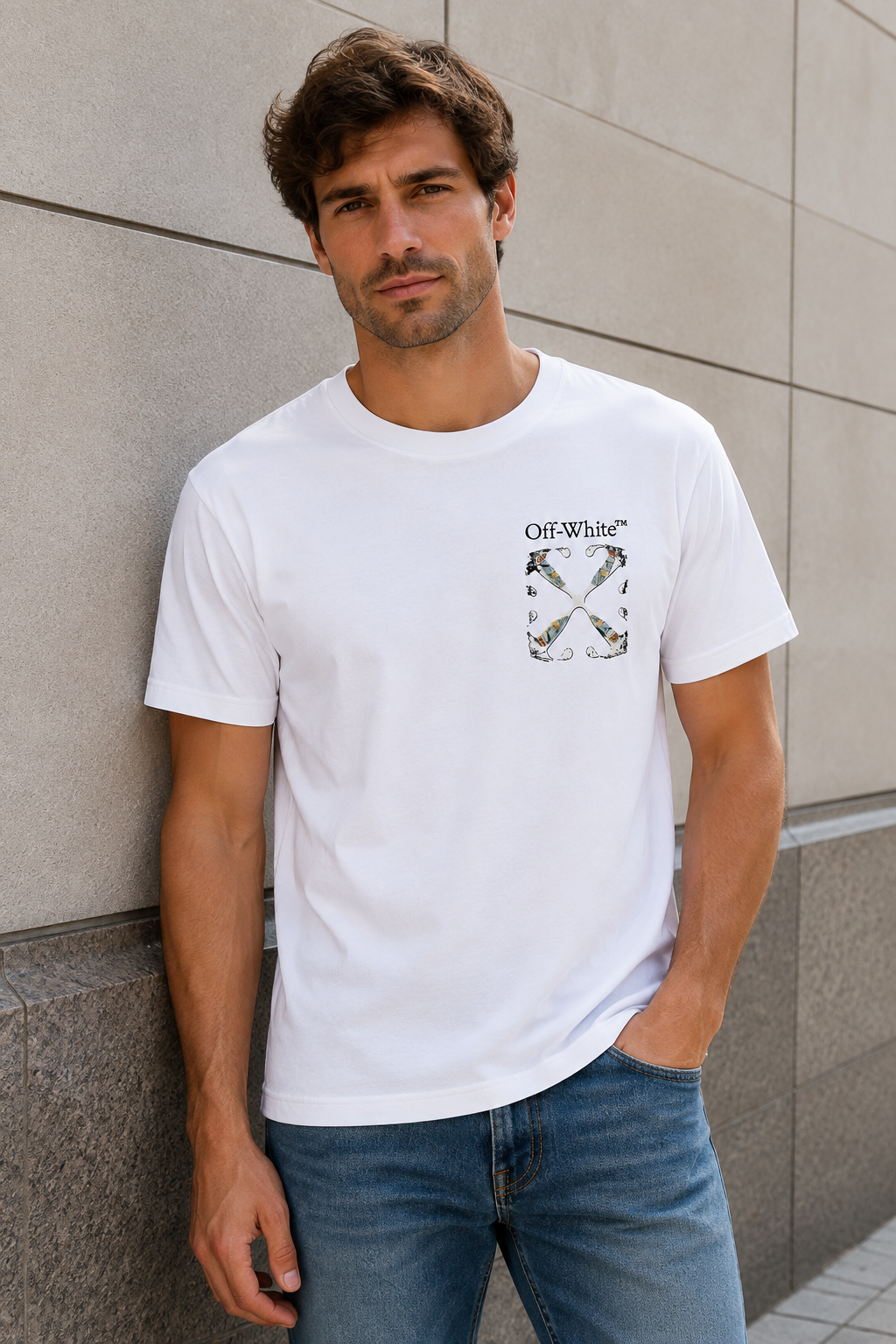A-Off-White Tricou Bărbați Alb cu Imprimeu KAWS