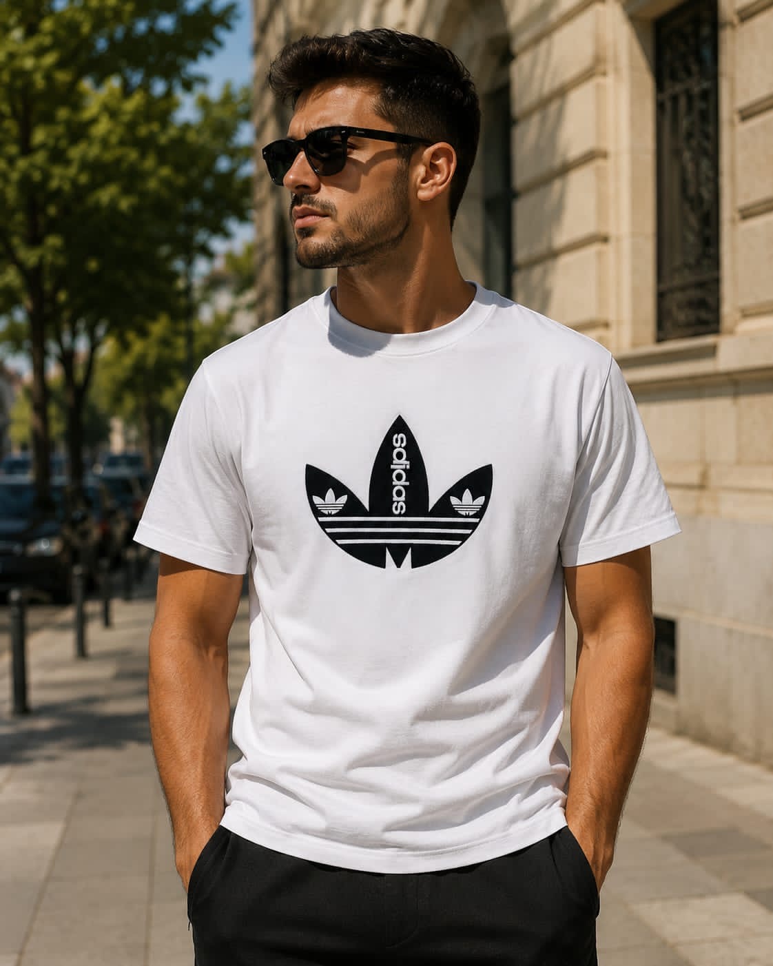 Adidas – Tricou alb cu logo negru