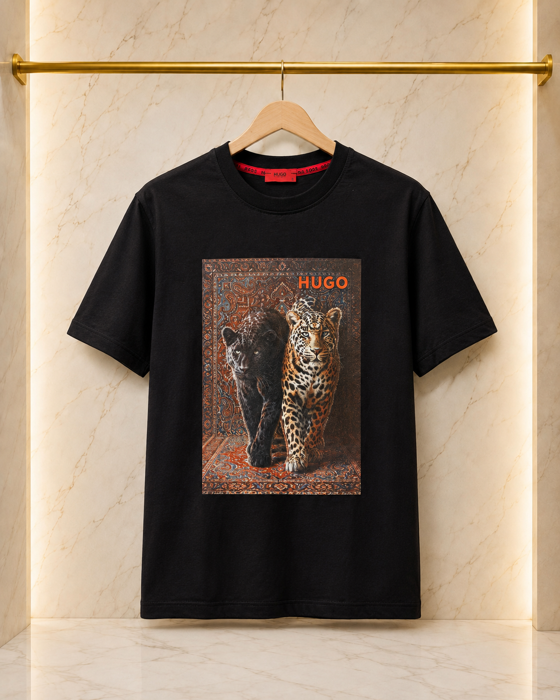 HUGO – Tricou Bărbați Negru cu Imprimeu Leopard
