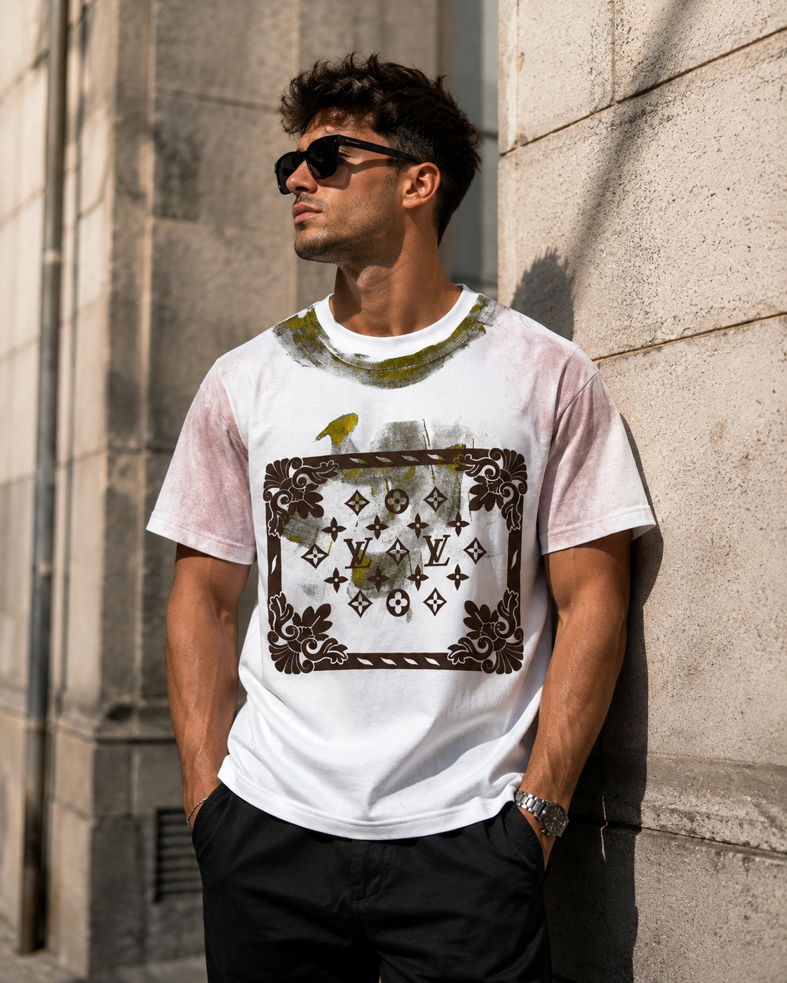 01-Louis Vuitton – Tricou Bumbac Premium cu Imprimeu Monogram și Accente Aurii