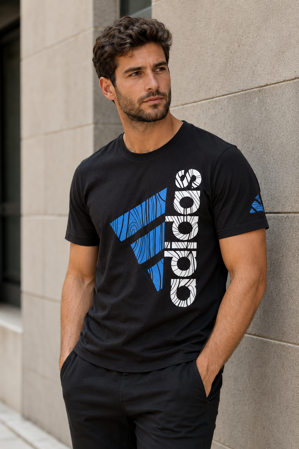 Adidas Tricou Bărbați Negru cu Imprimeu Alb-Albastru