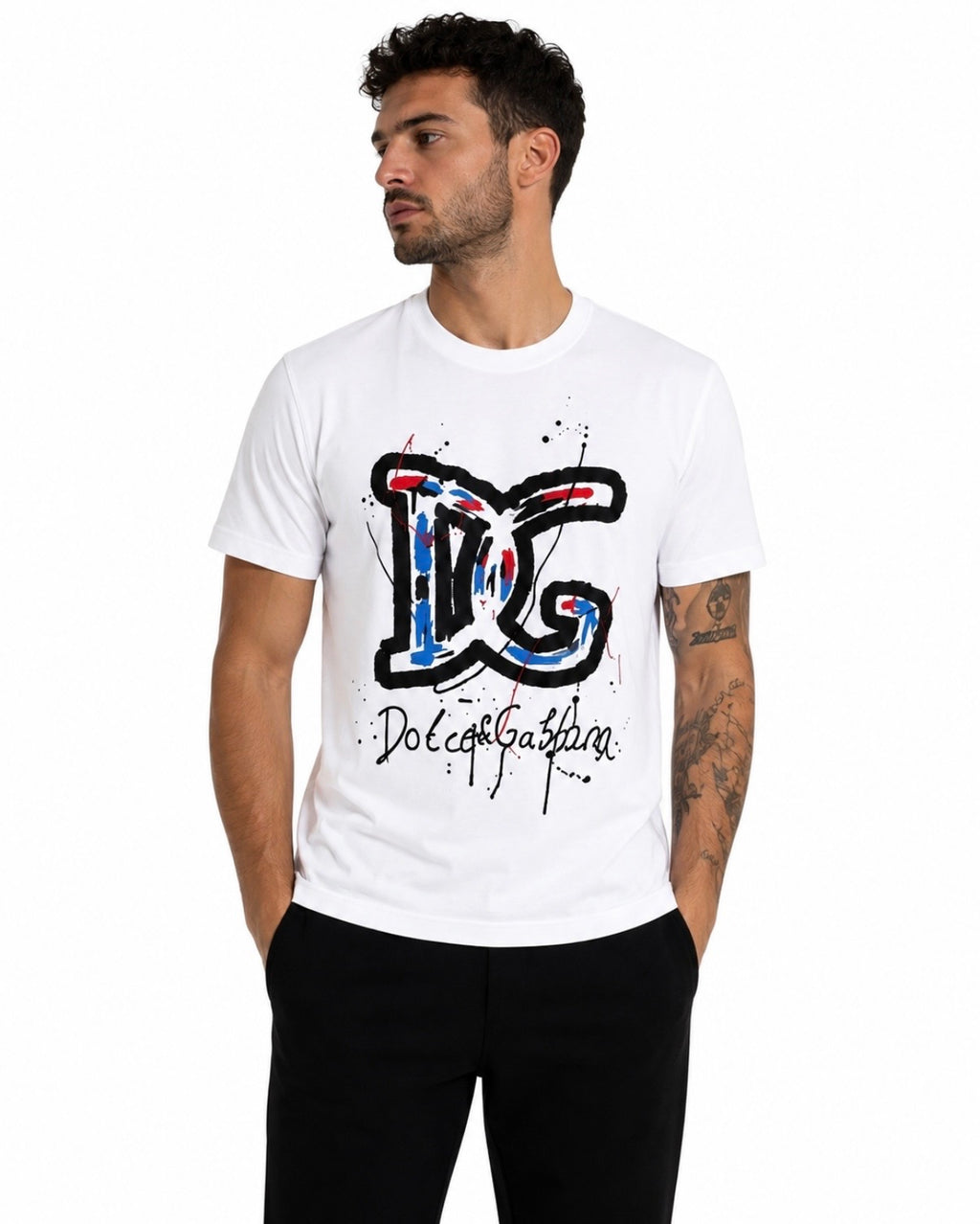 Dolce & Gabbana – Tricou bărbătesc alb DG logo artistic, bumbac