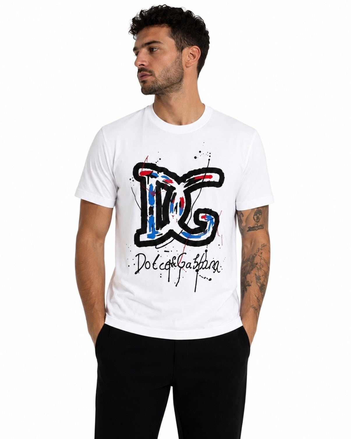 Dolce & Gabbana – Tricou bărbătesc alb DG logo artistic, bumbac