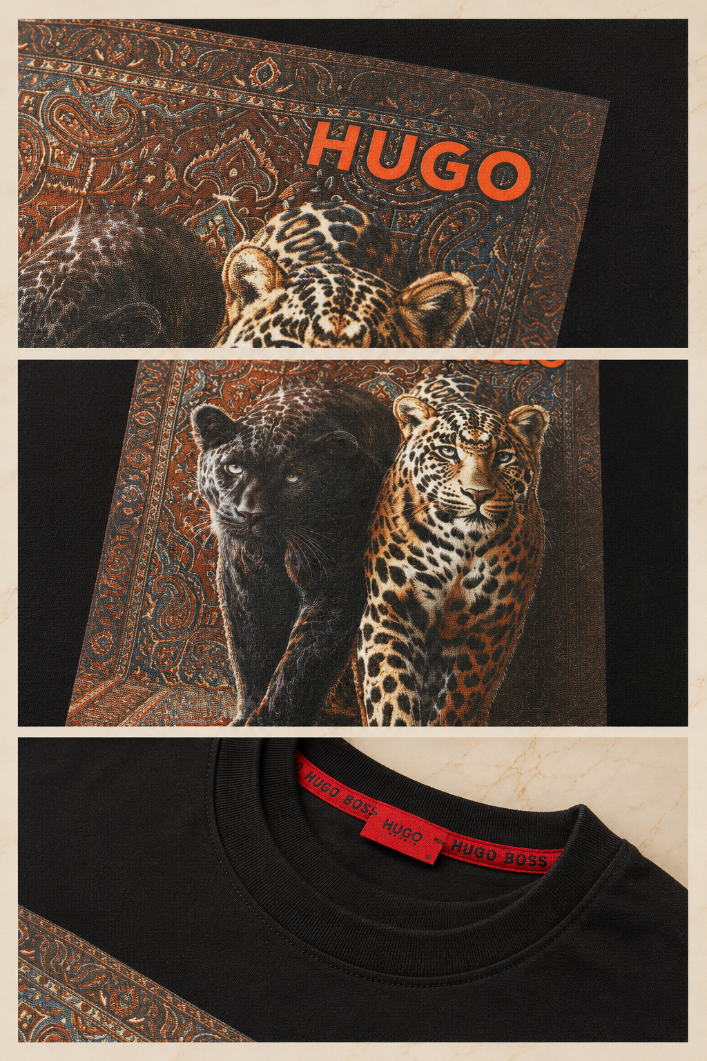 HUGO – Tricou Bărbați Negru cu Imprimeu Leopard