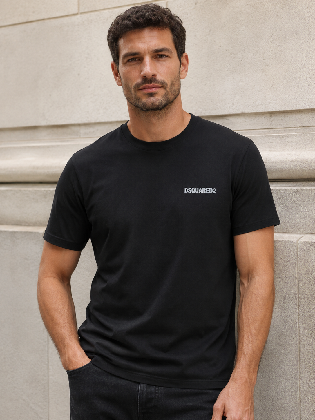 A-DSQUARED2 Tricou Negru Bărbați cu Logo Aplicat Gri-Argintiu