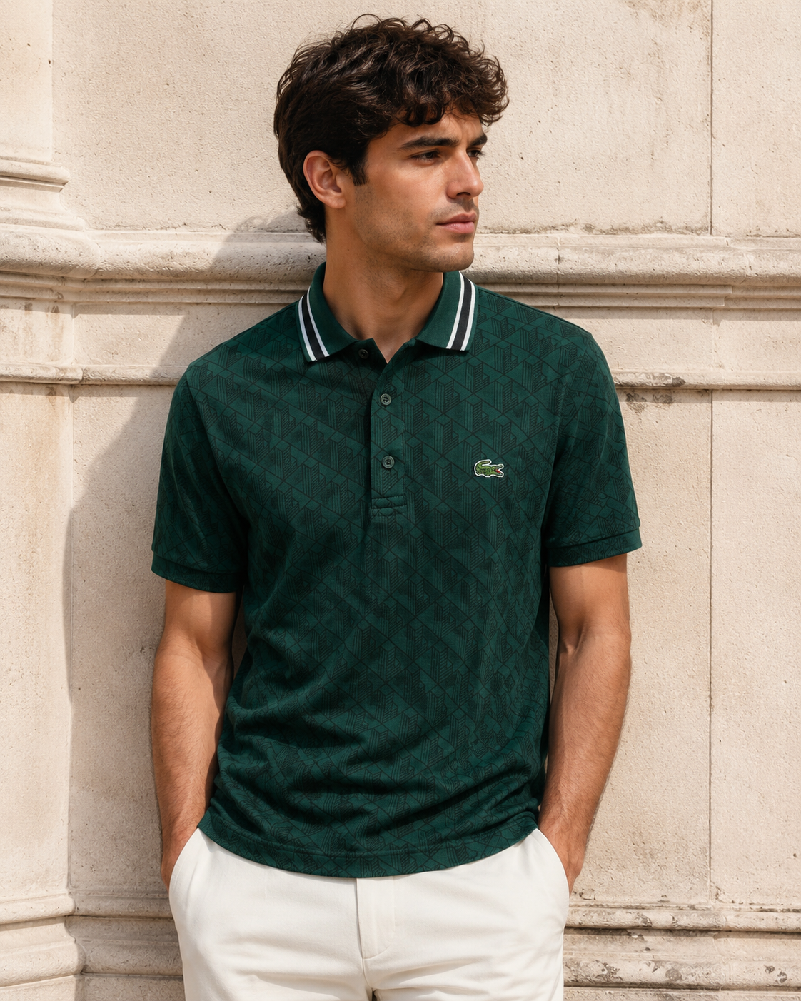 03-Lacoste – Tricou Polo Verde cu Model Geometric și Logo Brodat