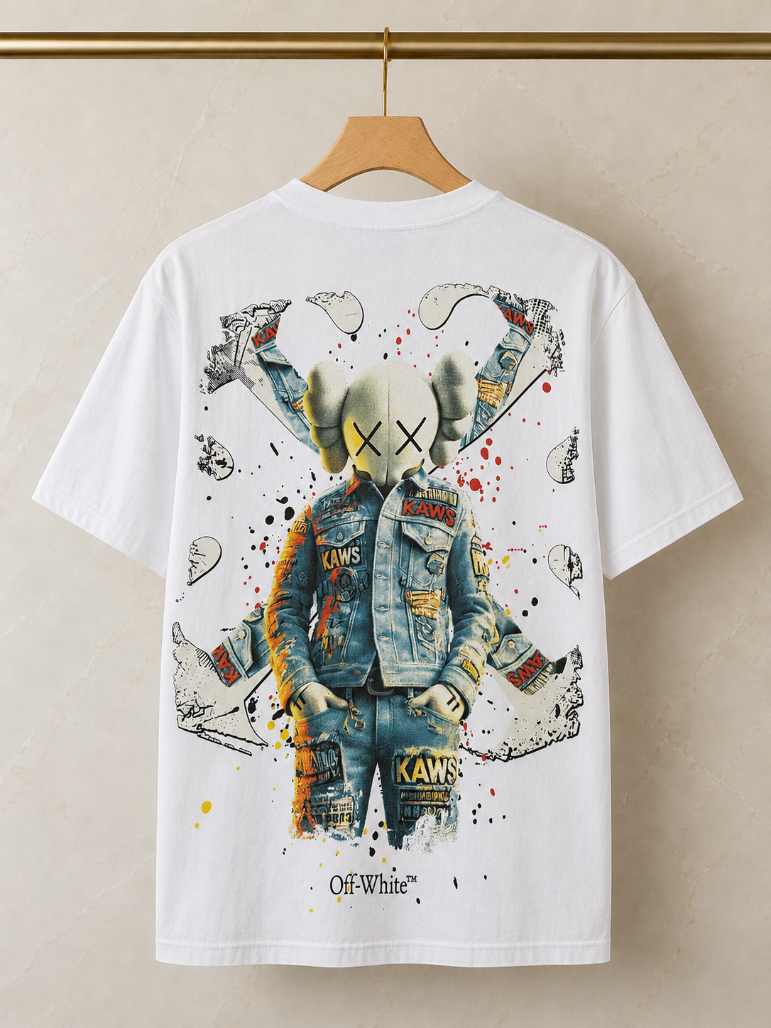 A-Off-White Tricou Bărbați Alb cu Imprimeu KAWS