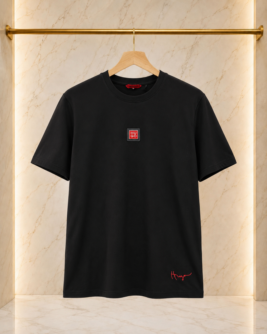 Tricou HUGO Negru Bărbați – Logo Aplicat și Detaliu Brodat