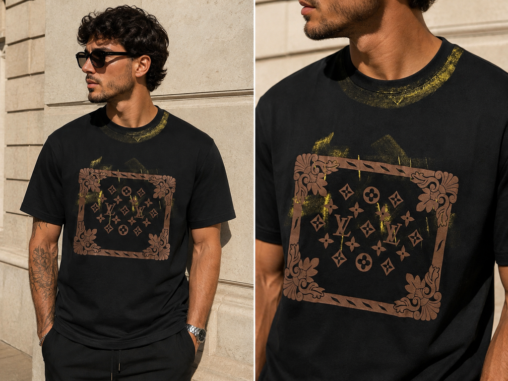 02-Louis Vuitton – Tricou Negru Bumbac premium  cu Design Monogram și Accente Aurii